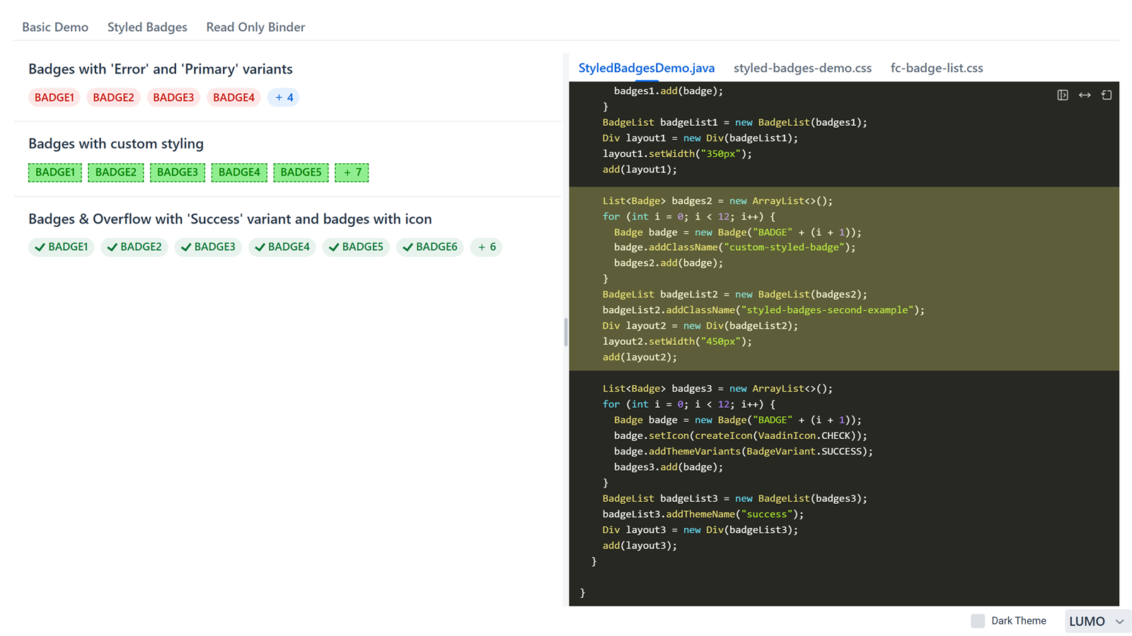 Hovering over an example highlights its code